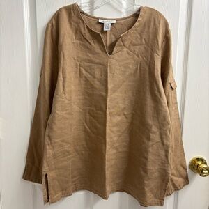 Linen Tunic Top Women’s 16 Khaki Tan Bohemian Lagenlook Brown Neutral